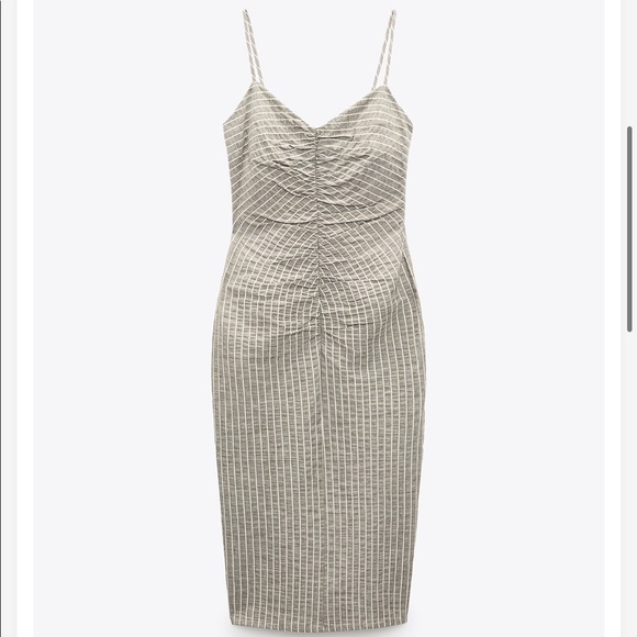 Zara striped tan and white cotton midi dress NWT - Picture 3 of 10
